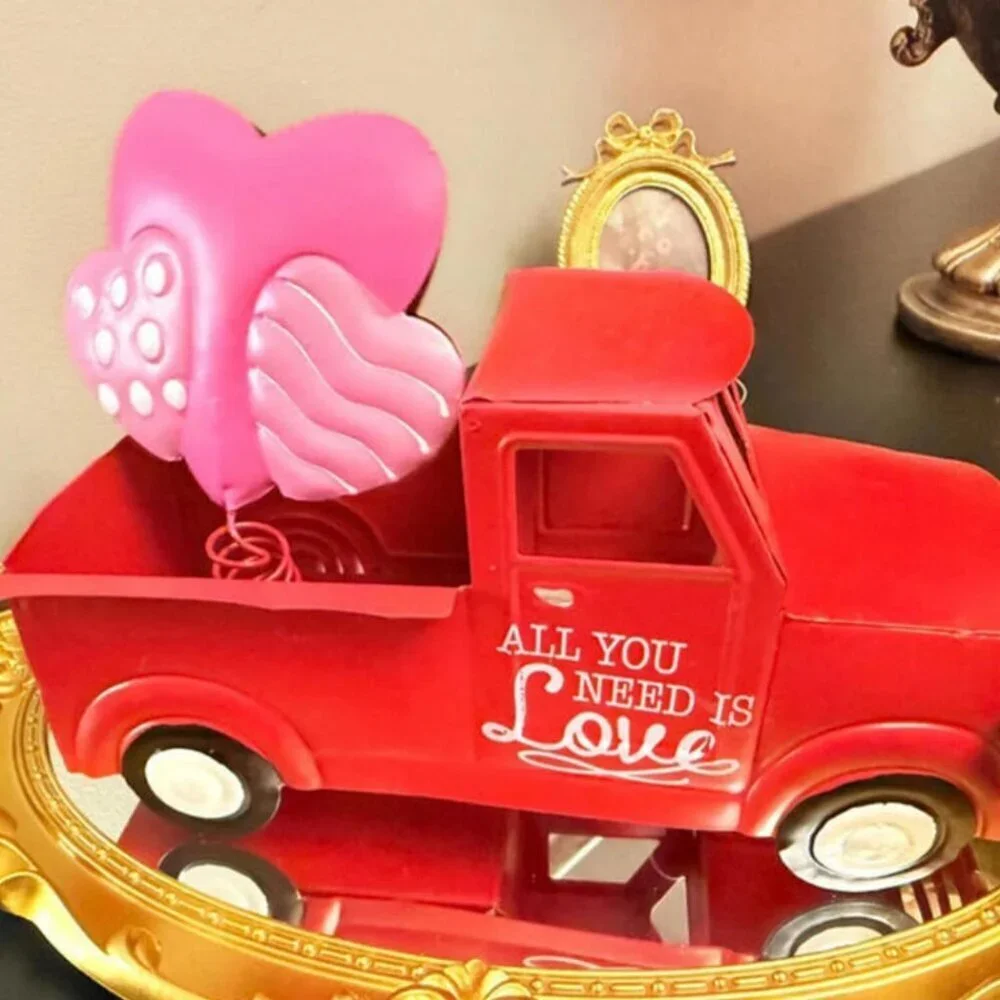 Valentine Red Truck Decor “All You Need Is Love” Metal Tabletop Heart Accent